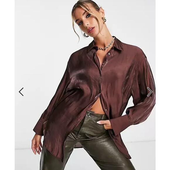 ASOS DESIGN Oversized Metallic Shirt Chocolate Size 4 - Picture 1 of 16